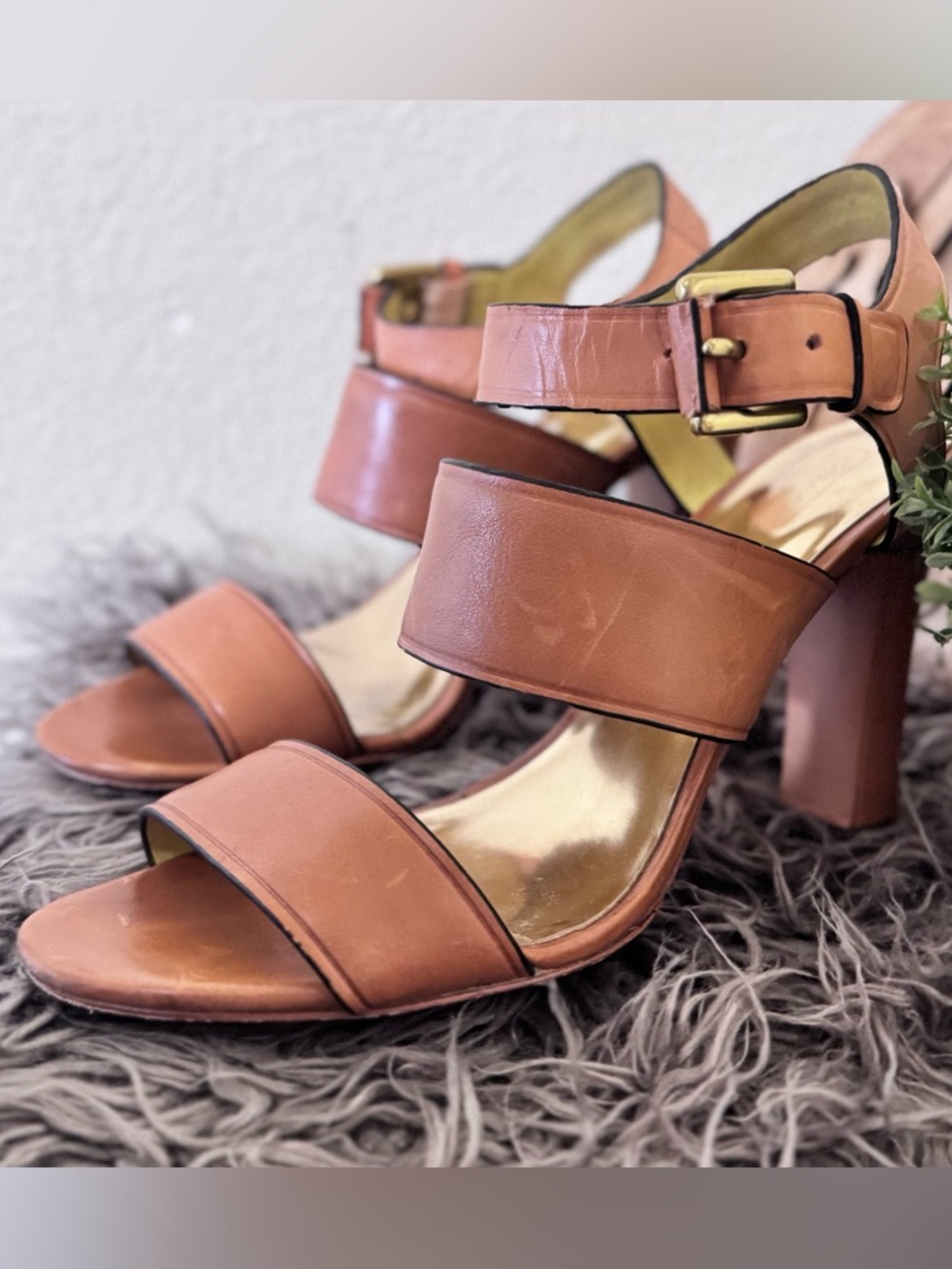 Coach Tan Triple-Strap Leather Sandals with Ankle Buckles - Picture 2 of 4